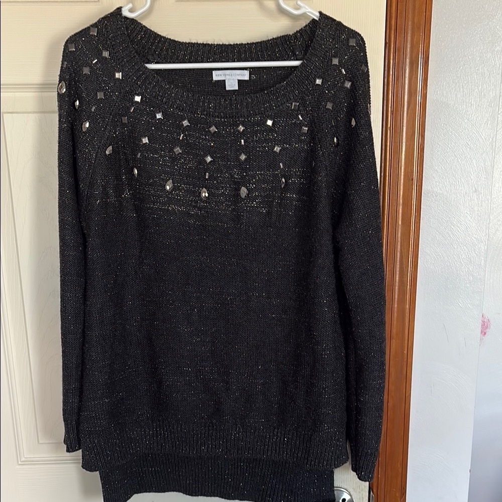 New York & Company Black Blouse with Sparkling Embellishments